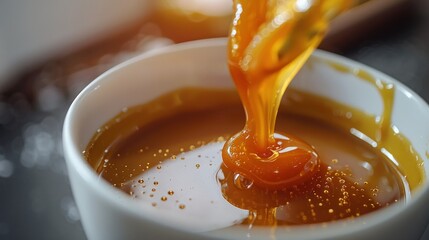 Rich golden caramel pouring over dessert