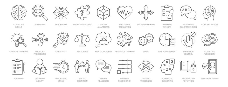 Cognitive Skills line icon set. Vector pictograms of attention, perception, problem-solving, creativity, reasoning, emotional regulation, concentration, personal development thin linear illustration.