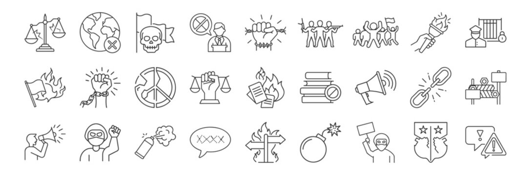 Political Extremism, Civil Unrest line icon set. Vector pictograms of protest, rebellion, societal conflicts, propaganda, Molotov cocktail, political prisoner thin linear illustration.