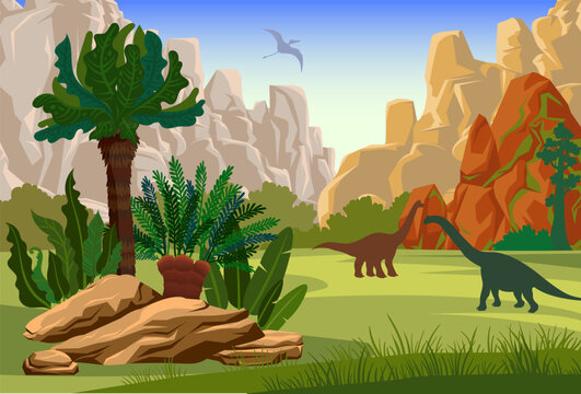 Prehistoric landscape with ancient plants, mountains and silhouette of extinct dinosaurs. Vector nature illustration. 