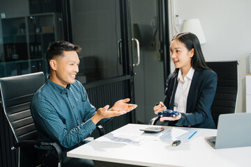 Capturing a cheerful business consultation scene with smiling professionals, perfect for illustrating corporate success, teamwork,