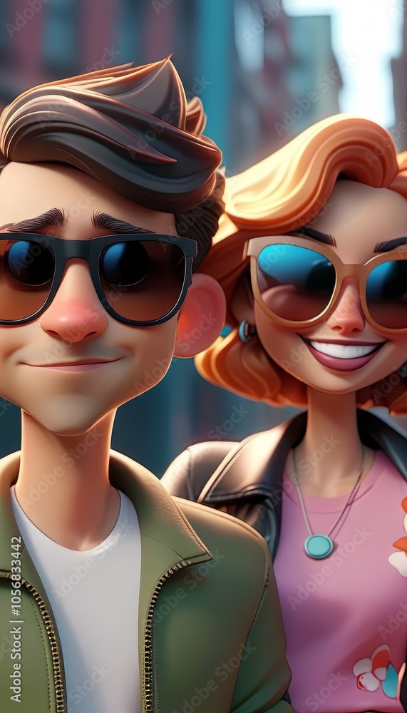Poster stylish animated characters in sunglasses smiling in urban setting