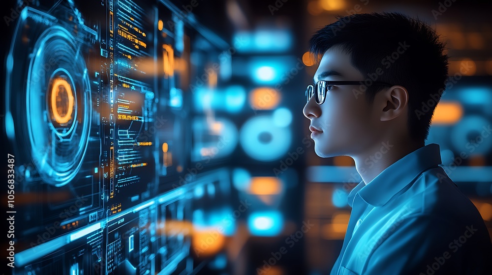 Poster Focused Technology Expert Engaging with Advanced Digital Interface Systems : Generative AI