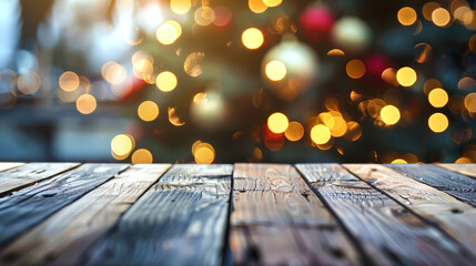 Empty wooden deck table over Christmas bokeh background