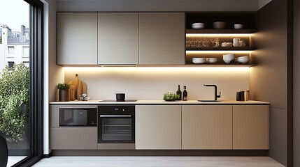 Sophisticated Modern Kitchen with Touch of Elegance Minimalist Design and Contemporary Lighting : Generative AI