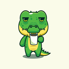 Fototapeta premium Crocodile sleepy drinking coffee cartoon vector illustration