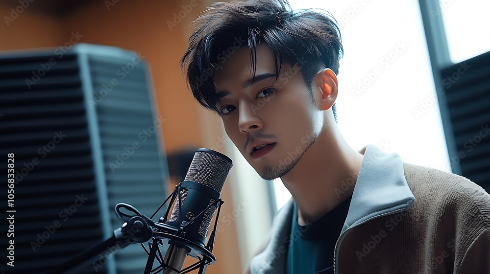 Aufkleber Talented singer in state-of-the-art recording studio with microphone : Generative AI
