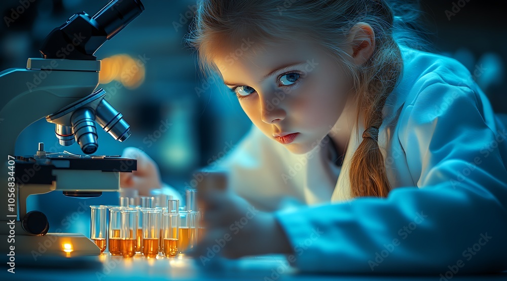 Poster young scientist in lab coat conducting experiments with microscope and test tubes : generative ai