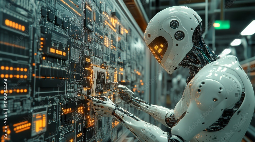 Poster a humanoid robot interacts with a complex circuit board
