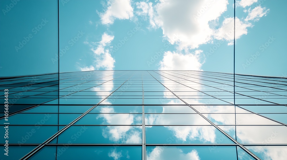 Aufkleber skyscraper glass windows reflecting puffy white clouds in blue sky : generative ai