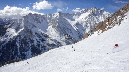 Thrilling Winter Sports Adventure: Skiers Descending Mountain Range in Breathtaking Action Shot