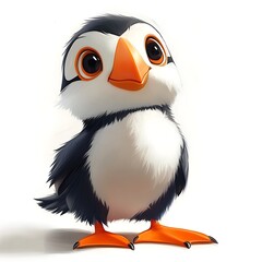Naklejka premium Cartoon baby puffin with bright orange feet on a white background.