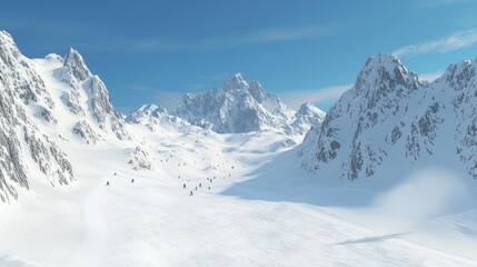 Epic Winter Sports Adventure - Skiers Descending Stunning Mountain Range, Thrilling Outdoor Recreation and Beauty of Snowy Landscape