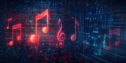 vibrant digital background featuring music notes in various sizes and colors, symbolizing creativity and rhythm. design blends technology with musical elements, creating dynamic visual experience