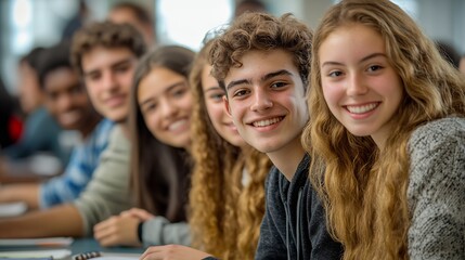 Fototapeta premium Diverse Group of Smiling Teenagers in Casual Classroom Setting : Generative AI