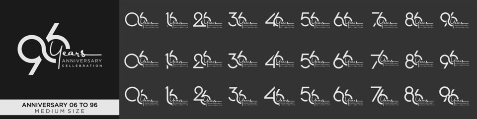 collection anniversary 16 to 96 year, creative number design vector illustration.