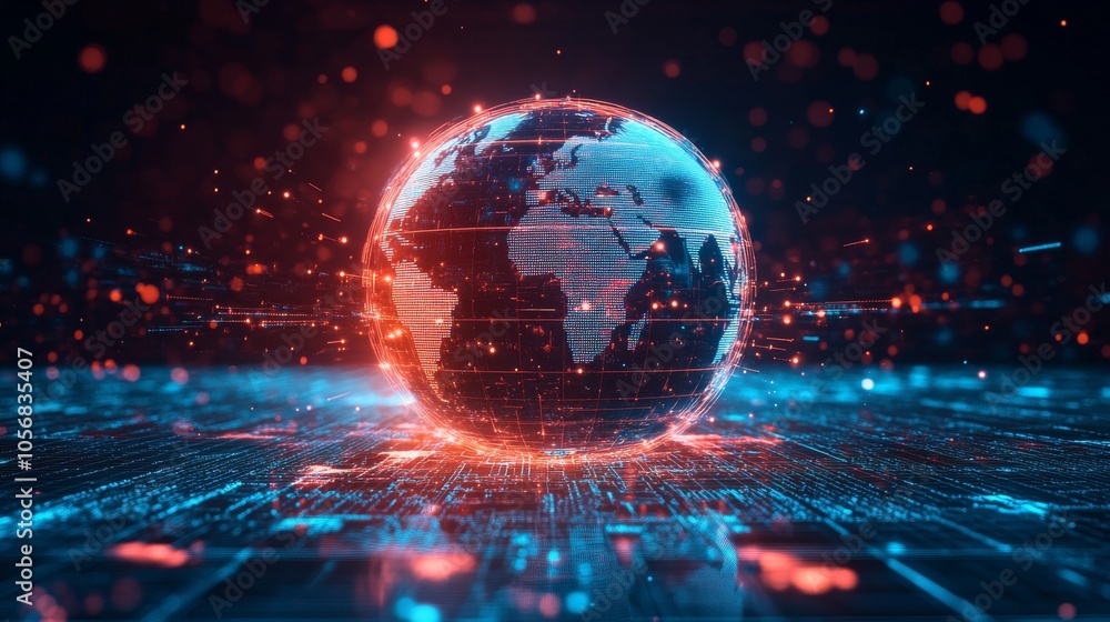Poster illuminated earth globe with digital circuitry and bokeh