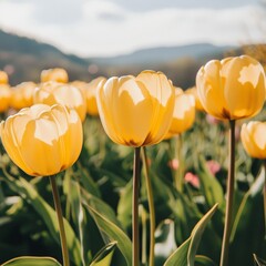 Obraz premium Yellow tulips flourish in springtime.