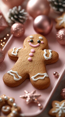 Fototapeta premium A charming gingerbread man surrounded by festive star-shaped cookies and shiny ornaments, perfect for Christmas and New Year card designs, or holiday-themed marketing.