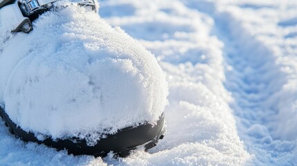 Adventure Awaits: Close-up of Snow-Covered Ski Boot with Fresh Tracks, Perfect Winter Sports Exploration Scene
