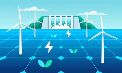 Sustainable renewable energy: hydroelectric power plants, wind turbines, and solar panels in an environmentally friendly vector illustration.
