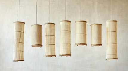 A set of bamboo pendant lamps in a soft, natural palette, suspended against a light, neutral background; simple and serene