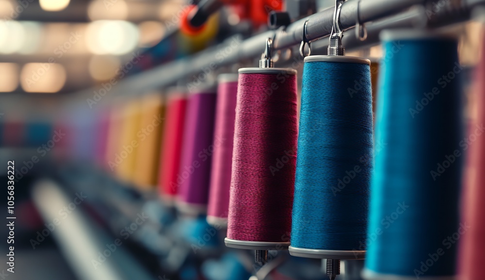 Poster Closeup of Vibrant Multicolored Thread Spools in a Textile Factory Setting : Generative AI