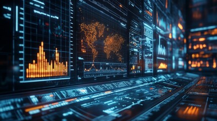 Futuristic Digital Interface with a World Map and Data Displays