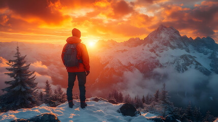 Obraz premium Snowy Mountain Peak with a Solo Hiker at Sunset - Realistic Photography