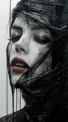 Dramatic Black and White Portrait of a Woman with Veiled Face