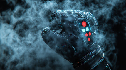 Fototapeta premium Close up of futuristic boxing glove with holographic elements, showcasing advanced technology and sleek design, surrounded by misty atmosphere