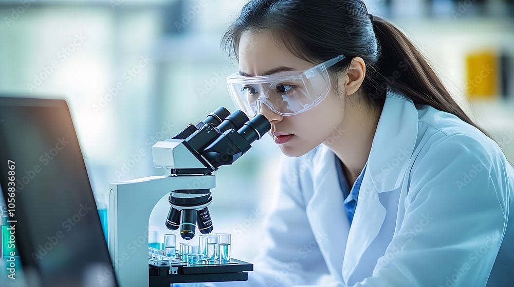 Aufkleber Young Scientist Conducting Research with Microscope in Laboratory Setting : Generative AI