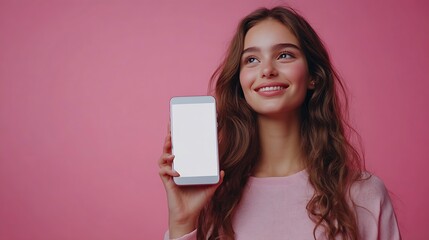 Naklejka premium Young Woman Holding Smartphone on Pink Background Smiling Technology Concept : Generative AI
