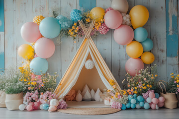 A cheerful party setup featuring a teepee adorned with colorful balloons and flowers, creating a whimsical atmosphere for celebrations.