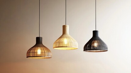 Obraz premium A trio of bamboo pendant lamps in muted tones, suspended against a light backdrop; perfect for a cozy, minimalist setting.