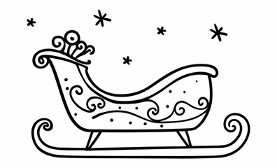 sleigh and snowflakes, black and white illustration