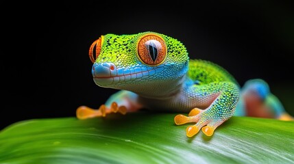 A vibrant gecko perched on a green leaf against a dark background.