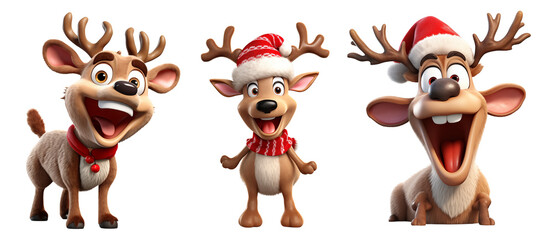 Set of three 3D renderings of cute reindeer with red noses and festive hats, showcasing joyful expressions and playful poses, perfect for holiday themes on transparent background