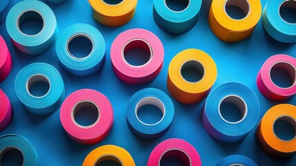 Colorful tape rolls, arranged in a playful pattern