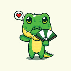 Fototapeta premium Crocodile with hand fan cartoon vector illustration.