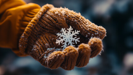 Frosty Snowflake in Hand with Cozy Knit Glove, Winter Close-Up
