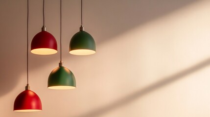 Minimalist red and green lamps, softly illuminated, hanging in a light background; an understated, cozy arrangement
