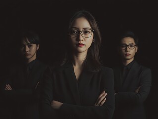 Asian woman and team holding charts, black background, teamwork and datadriven decisions