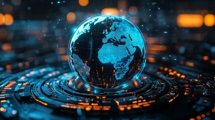 Digital Earth Globe on Futuristic Interface with Blue and Orange Lights