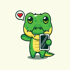 Crocodile with mobile phone cartoon vector illustration.