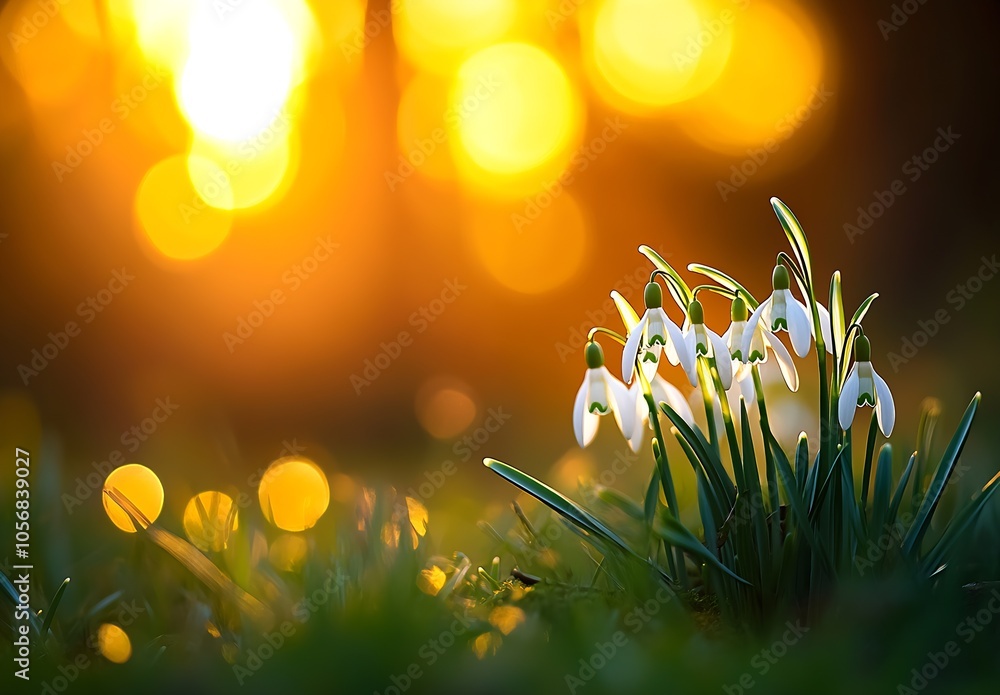 Poster close-up of snowdrops in golden sunrise with blurred background : generative ai