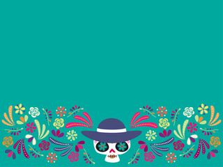 メキシコの死者の祭り、かわいいメキシコの骸骨とお花のフレーム背景