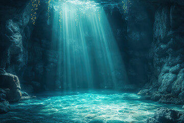 Obraz premium A serene underwater cave illuminated by shafts of light, showcasing the tranquil blue hues of the water.
