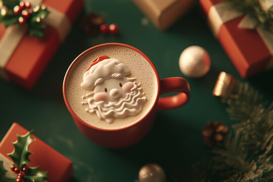 Caffe latte with a picture of Santa Claus. Christmas chocolate on a wooden table stands among gift boxes. Santa latte art. Christmas latte art. 