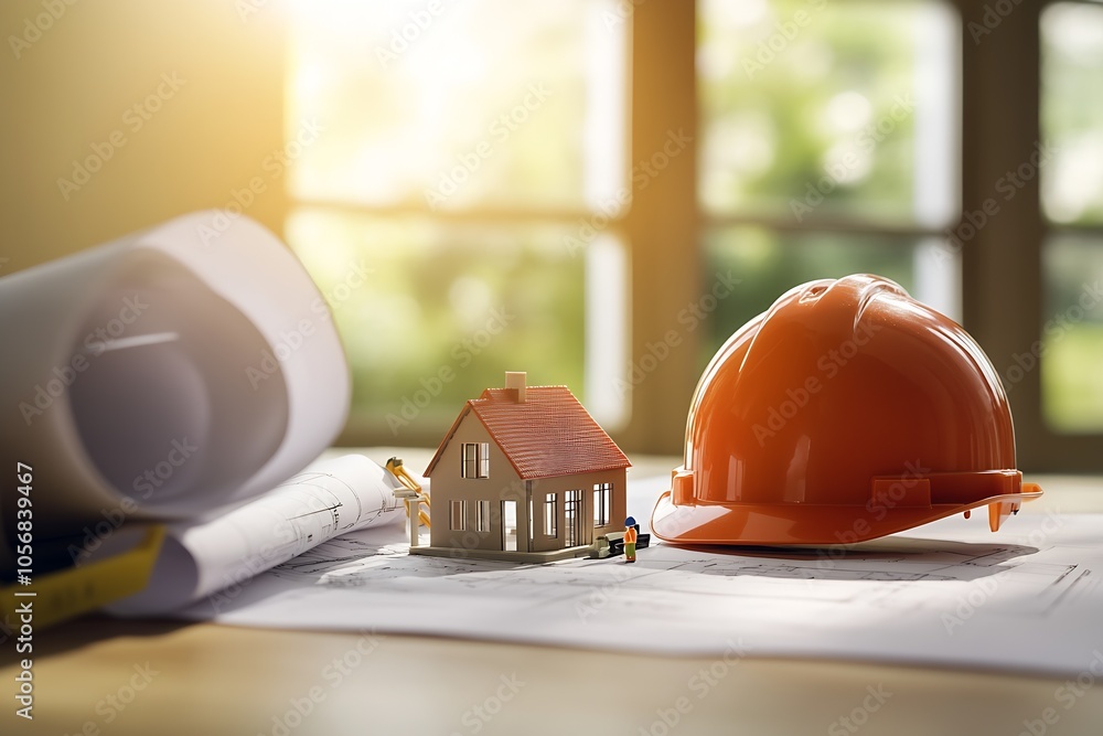 Poster tiny model house with construction helmet and blueprints in sunlit room : generative ai